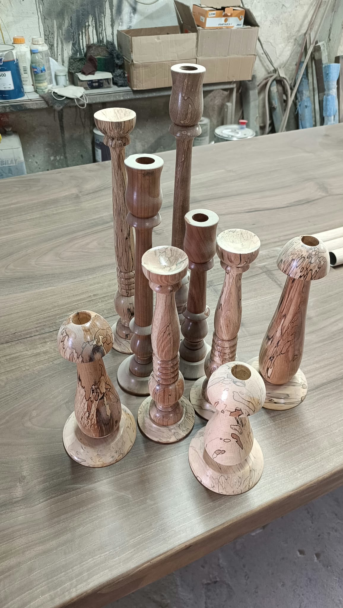 El Yapımı Masif Ahşap Şamdan Seti | Otantik Torna Oyma Ahşap Mumluk