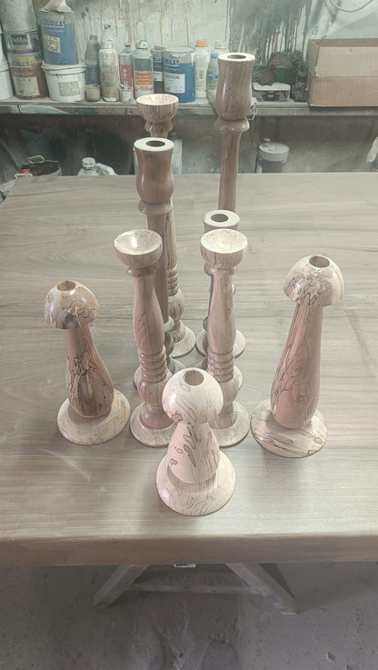 El Yapımı Masif Ahşap Şamdan Seti | Otantik Torna Oyma Ahşap Mumluk