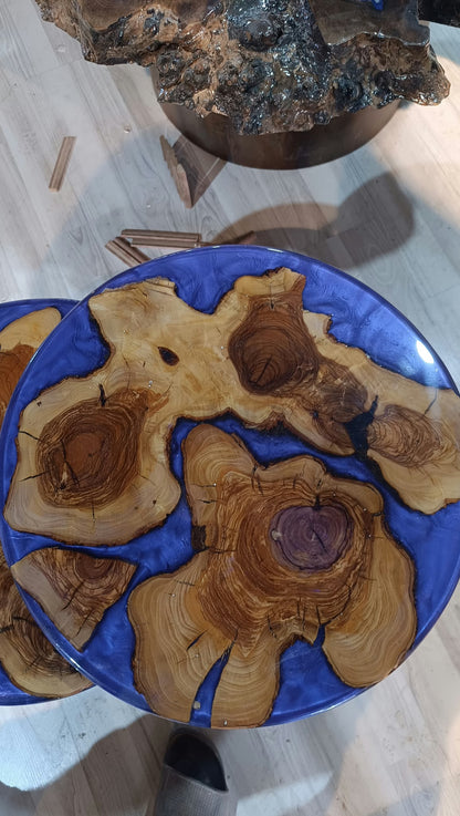 Mavi Epoksi Ahşap Z Sehpa Seti | Kütük Dilimli 3'lü C Sehpa