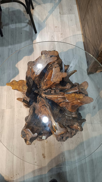 Özel Tasarım Doğal Ağaç Kökü Yuvarlak Orta Sehpa (Cam Tablalı)