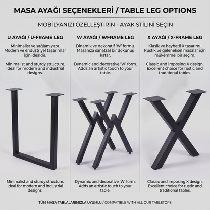 Ceviz Masif Kütük Yemek Masası (Siyah Metal X Ayaklı)