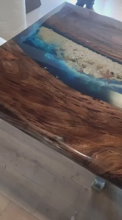 Özel Tasarım Okyanus Konseptli Epoksi Masif Yemek Masası (Siyah Metal X Ayaklı)